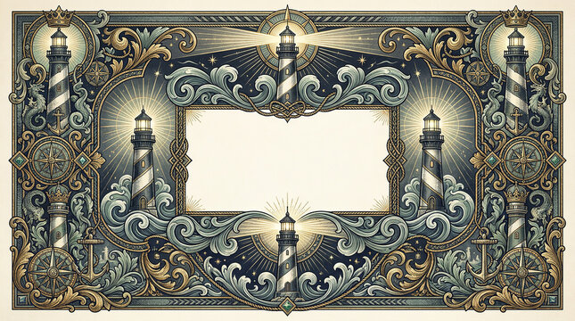 Nautical lighthouse border with vintage engraving style waves and ornate scrollwork.