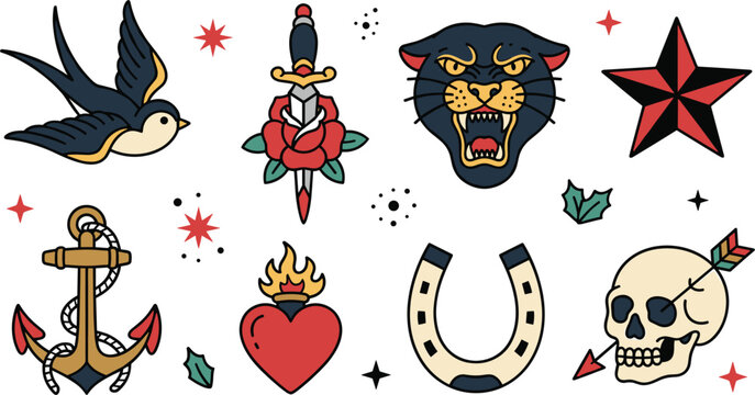 Old School Traditional Tattoo Vector Flash Sheet Set with Swallow Dagger Panther Star Anchor Skull and Sacred Heart Elements