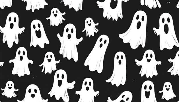 Cute Halloween Ghost Characters Pattern on Black Background, Spooky and Playful Vector Illustration