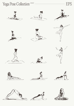 Collection of women practicing seated, standing, and stretching yoga poses in hand drawn sketch style.