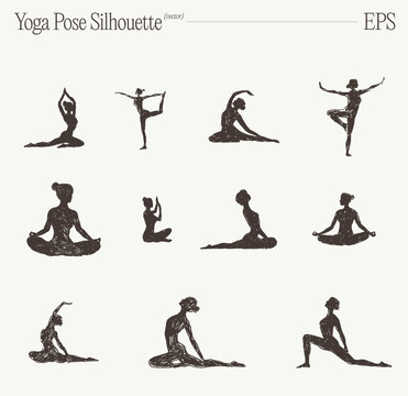 Elegant collection of women in meditative, balancing, and stretching yoga poses, hand drawn silhouette sketches