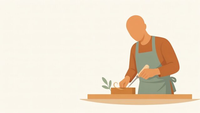Carpenter man making woodworking using chisel tool on workbench with working wooden block bald carpenter construction illustration manufacture