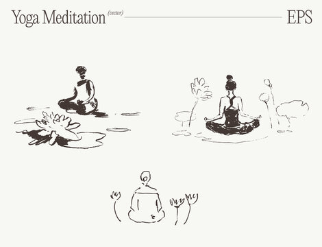 Hand drawn collection of yoga stretches, meditative postures, and botanical wellness scenes