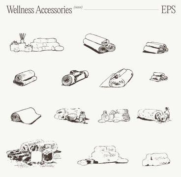 Hand drawn collection of rolled spa towels, wellness accessories, botanical ingredients, and relaxing self care still lifes