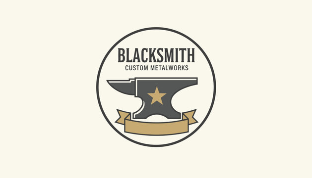 Rugged blacksmith custom metalworks logo displays heavy steel anvil and gold star inside a dark circular frame with banner.