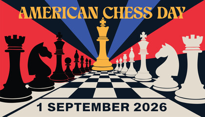 American chess day illustration with chess pieces on a checkered board © Vectyx