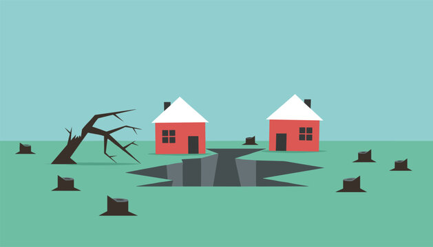 Environmental illustration showing an earthquake crack dividing two red houses in a deforested landscape with tree stumps.