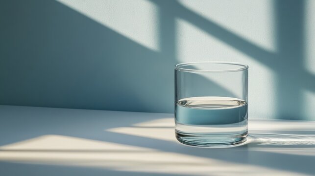 A simple glass of water sits on a white surface, with light and shadow play on a wall