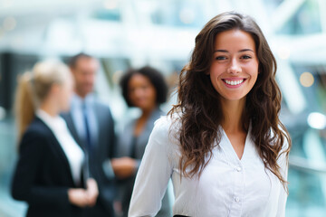 Fototapeta premium Portrait of happy smiling confident young very attractive businesswoman CEO professional manager entrepreneur in a skirt in a business meeting teamwork looking at camera, businesspeople 