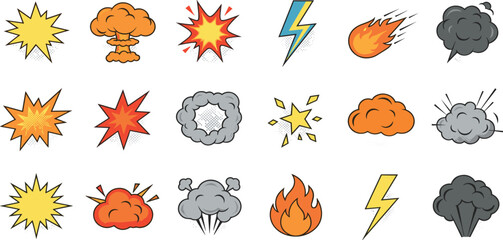 Comic Book Explosion Effect Vector Icon Set Featuring Pop Art Blast Symbols Smoke Clouds Fire Flame Lightning Bolts and Halftone Speech Burst Graphics © MdSirazul