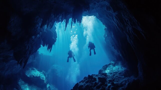 Two divers explore an underwater cavern, sunbeams piercing the dark blue water