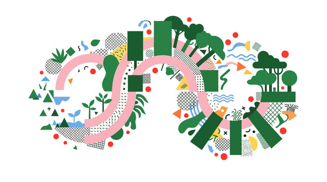 Abstract colorful organic shapes and natural elements forming a flowing landscape, concept for eco-friendly design, sustainable living and environmental awareness campaigns