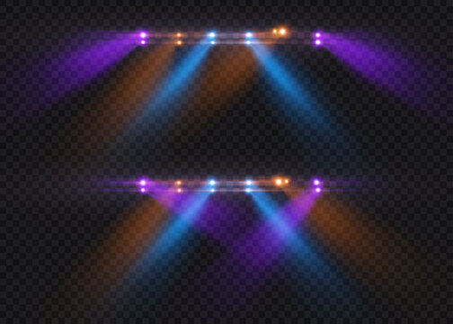 Colorful stage spotlight beams with glowing haze for concert, nightclub and performance scenes. Vector lighting effects isolated on a transparent background.
