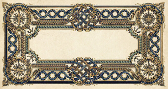 Vintage nautical rope knot frame, ornate marine border with compass roses and anchors on old paper texture.