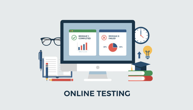 Online testing setup displays test modules on a computer screen surrounded by essential academic supplies.