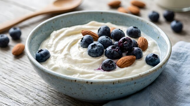 Healthy breakfast bowl with yogurt blueberries and almonds.
