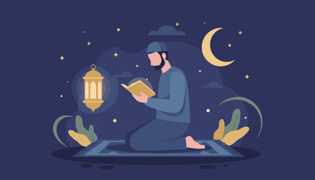 Devoted muslim man praying on a prayer rug under a crescent moon with a traditional glowing lantern in a starry night sky.