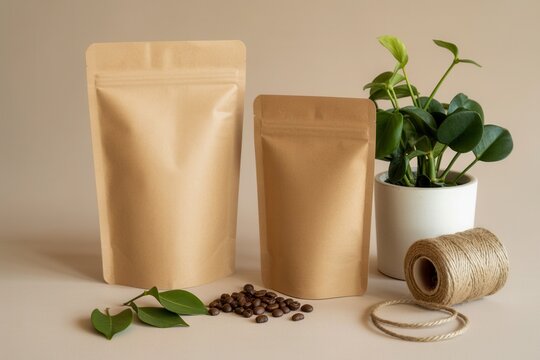 Two craft paper coffee bags with beans and a plant. Eco-friendly packaging.
