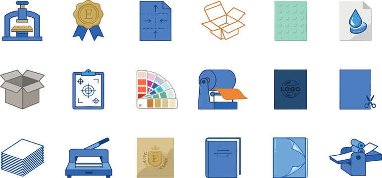 Printing Services and Bookbinding Industry Vector Icon Set Featuring Cardboard Boxes Color Palette Swatches Paper Cutters Press Machinery and Foil Stamping Emblems