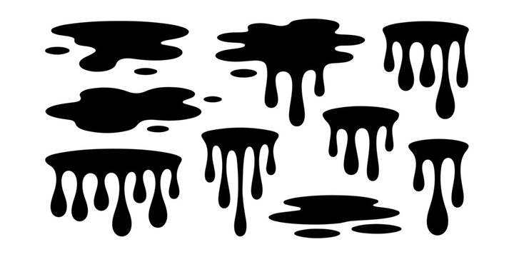 Black dripping liquid silhouette set with paint, ink, slime and blood drip shapes. Abstract splash, puddle and flowing drops