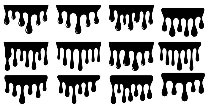 Black dripping liquid silhouette set with paint, ink, slime and blood drip shapes. Abstract splash, puddle and flowing drops