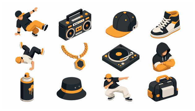 Colorful hip hop culture icons and accessories collection.