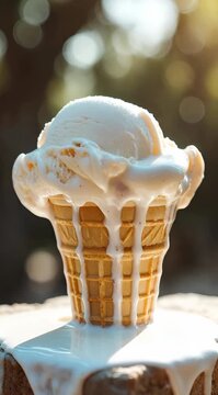A close-up vertical shot of vanilla ice cream melting down a waffle cone under bright sunlight, with creamy drips running onto the surface against a blurred bokeh natural background