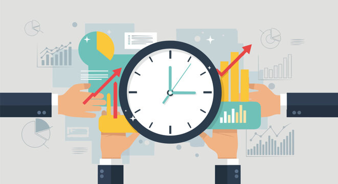 Clock face with rising bar charts and graphs, business hands holding financial data, concept for time management, financial planning and performance analytics.