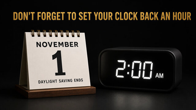  Daylight Saving Time ends reminder concept. "Fall back"  2026 time change with November 1 calendar, 2 AM digital clock, and text "Don't forget to set your clock back an hour" on a black background