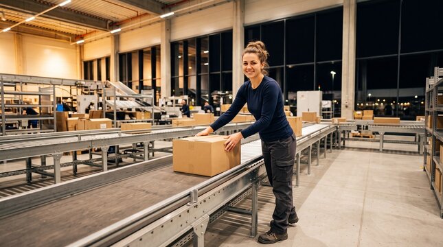 Junge l&auml;chelnde Lagerarbeiterin schiebt einen Karton auf einem F&ouml;rderband in einer hellen Logistikhalle bei Nacht