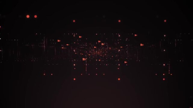 Vertical and horizontal data tunnels featuring HUD (Heads-Up Display) elements, programming code blocks, digital numbers, flickering particle dots, and smoothly moving network symbols.