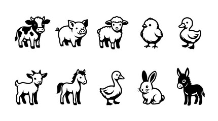 Fototapeta premium Cute baby farm animals set in hand-drawn vector style. Adorable livestock illustrations for children's educational materials and nursery decor.