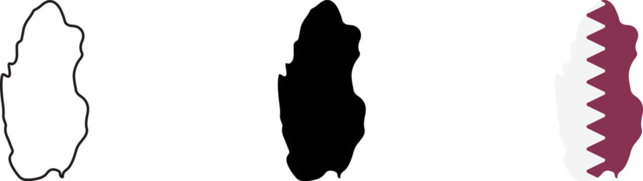 Three variations of the qatar country map, including a simple black outline, a solid black silhouette, and the national flag of qatar filled within the country border shape, isolated