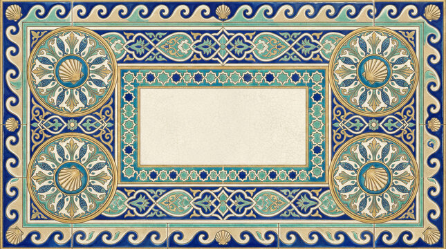 Ceramic decorative tile pattern with seashell motifs and ornamental borders.