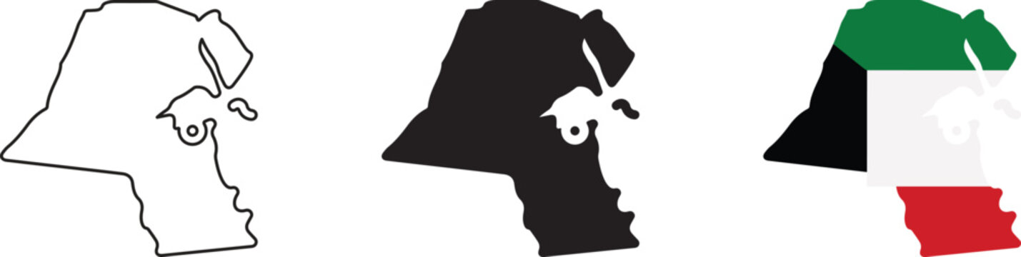 Three variations of the kuwait country map, including a simple black outline, a solid black silhouette, and the national flag of kuwait filled within the country border shape, isolated