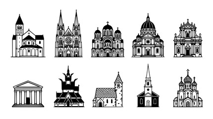 Obraz premium Collection of historic religious architecture illustrations. Classic church and cathedral vector line art set for design projects.