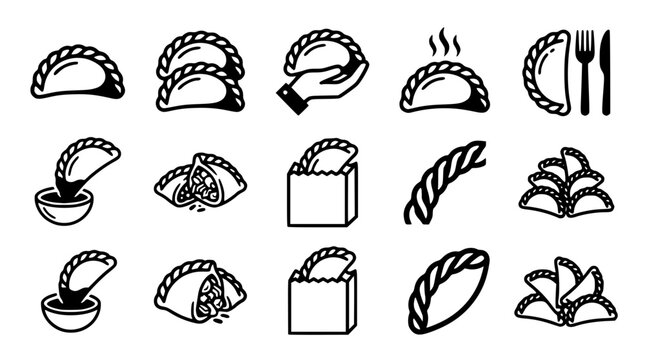 Hand-drawn empanada icons for food packaging design. Vector illustrations of stuffed pastries with steam, utensils, and dough variations.