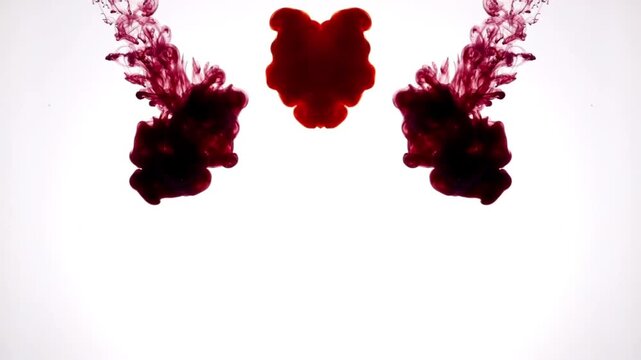 A stunning close-up of the symmetrical effect of red, dark red, and orange ink slowly spreading in clear water against a white background.