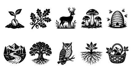 Fototapeta premium Hand-drawn nature and wildlife icons set. Minimalist forest elements collection for eco branding and sustainable design.