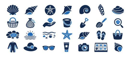 Collection of blue summer beach icons and symbols. © Kenn