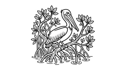 Obraz premium Clean Black and White Line Drawing of a Bird Perched on Branches with Roots and Leaves with high quality professional line art symbols for modern creative design and digital branding projects