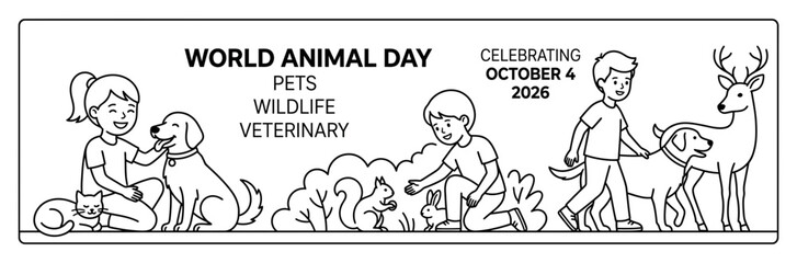 Naklejka premium Children interacting with various pets and wildlife for World Animal Day coloring page.