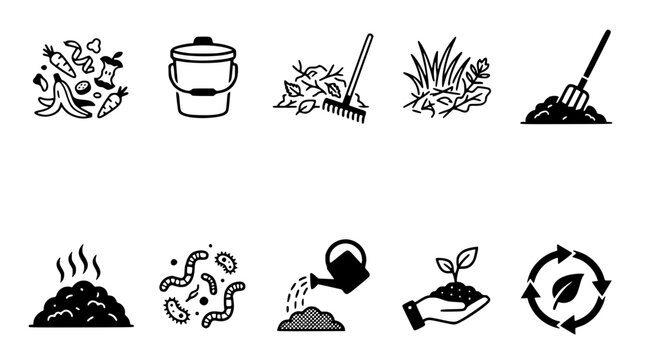 Hand-drawn composting process icons for sustainable gardening. Eco-friendly recycling symbols illustrating organic waste decomposition and soil enr...