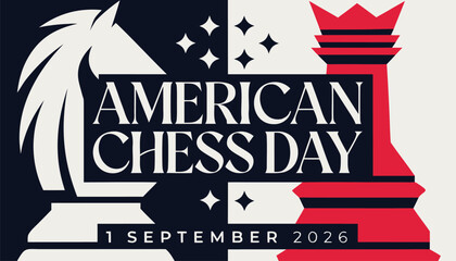 American chess day poster with knight and rook chess pieces © Vectyx