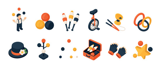 Colorful flat lay illustration of circus and art tools. © Kenn
