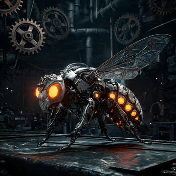 A mechanical bee robot in a mechanical dark room full of gears.