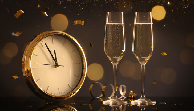 New Year Countdown Clock with Champagne Glasses Celebration Background