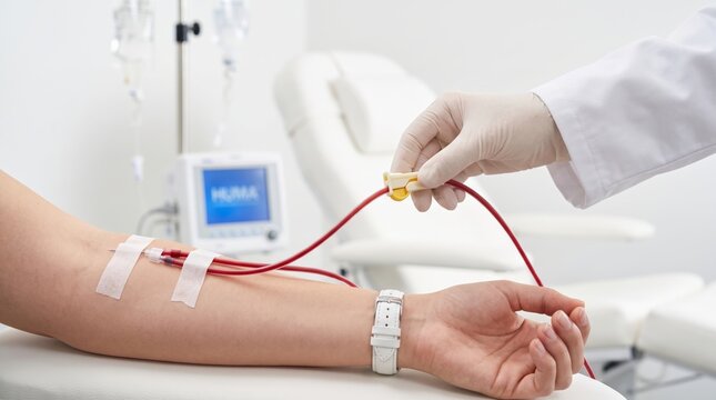 Blood donation process with nurse holding tubing connected to patient arm in medical clinic