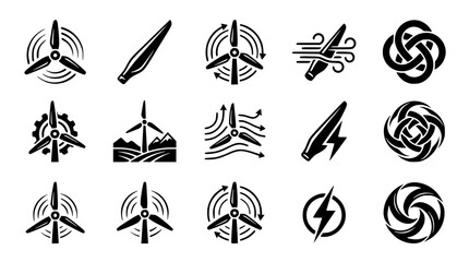 Obraz premium Wind turbine energy icons set for renewable power design. Clean electricity vector symbols for green technology and sustainable infrastructure proj...
