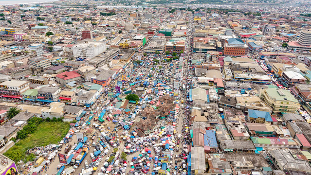 Aerial view showing vibrant, crowded Makola market in accra, ghana
